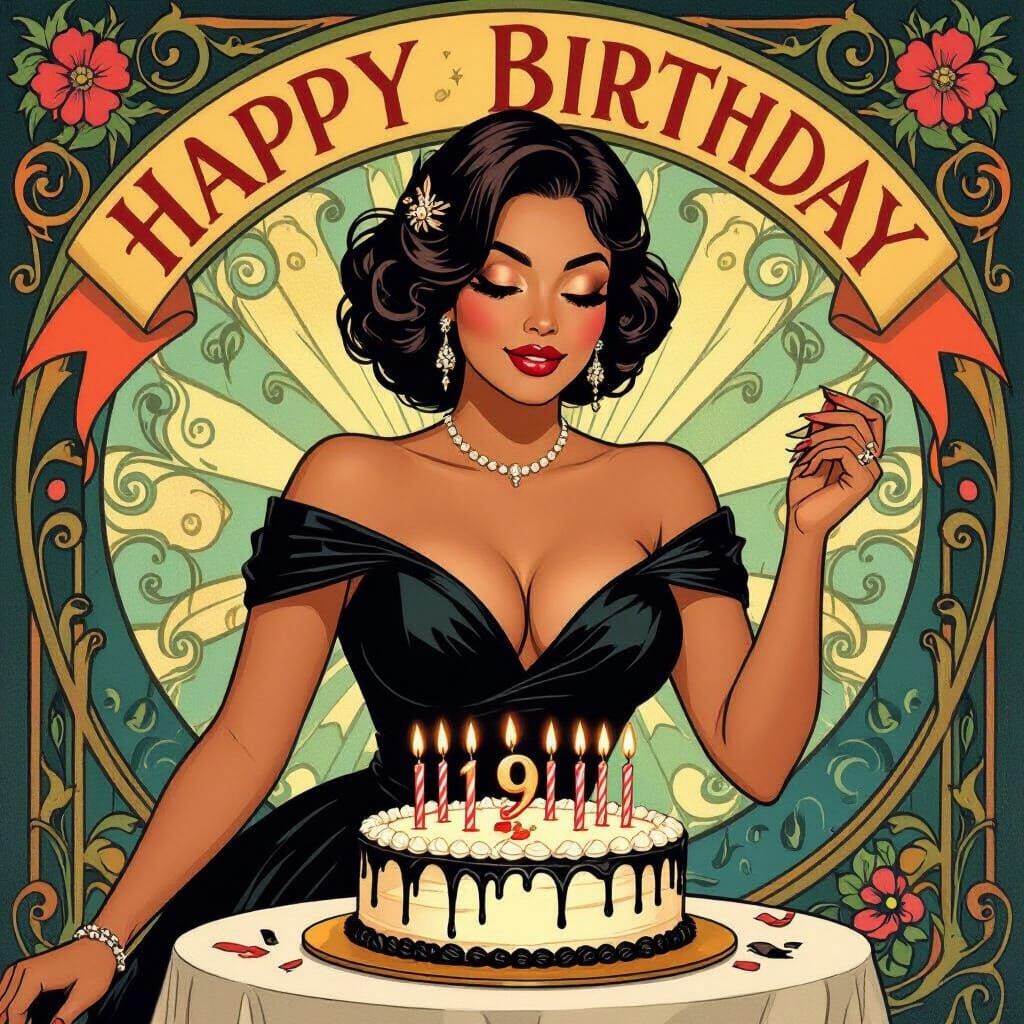 Elegant Woman Celebrates Birthday in Art Nouveau Style