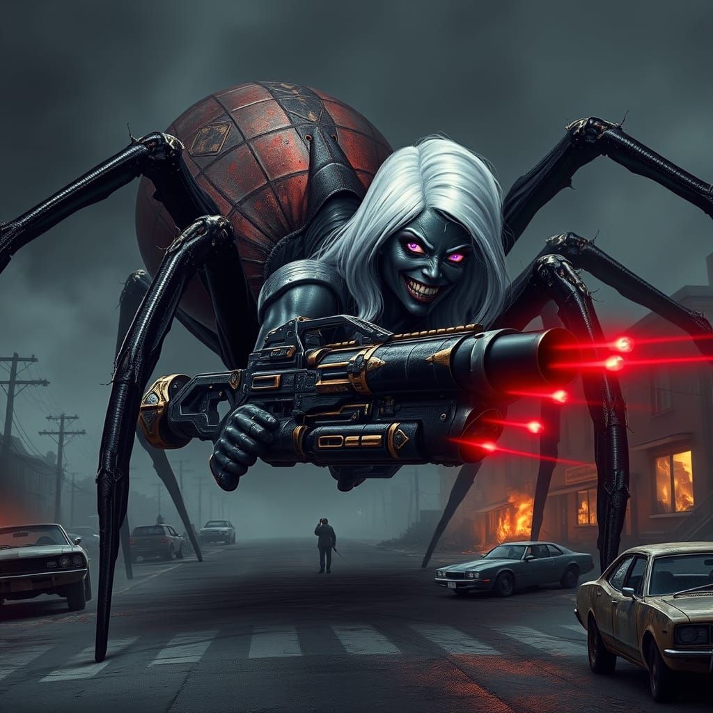 Gargantuan Spider-Woman Warrior in War-Torn City