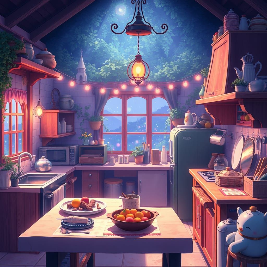 Magical Kitchen Scene in 80s Anime Style