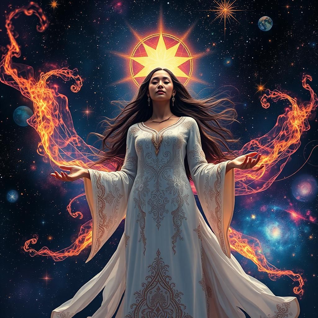 Cosmic Woman Radiating Peace in Holographic Style