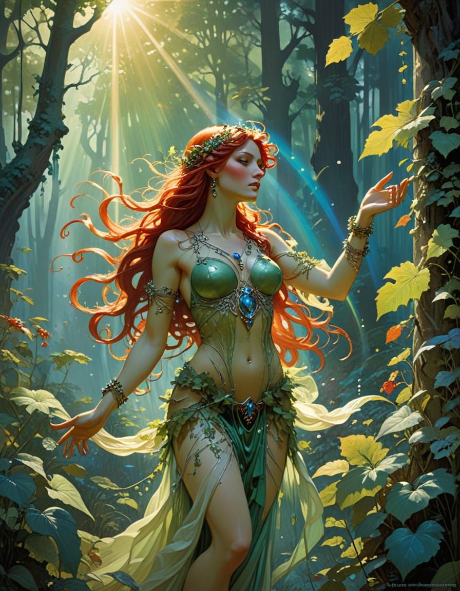 Red-Haired Dryad in Sun-Dappled Forest, Art Nouveau Style