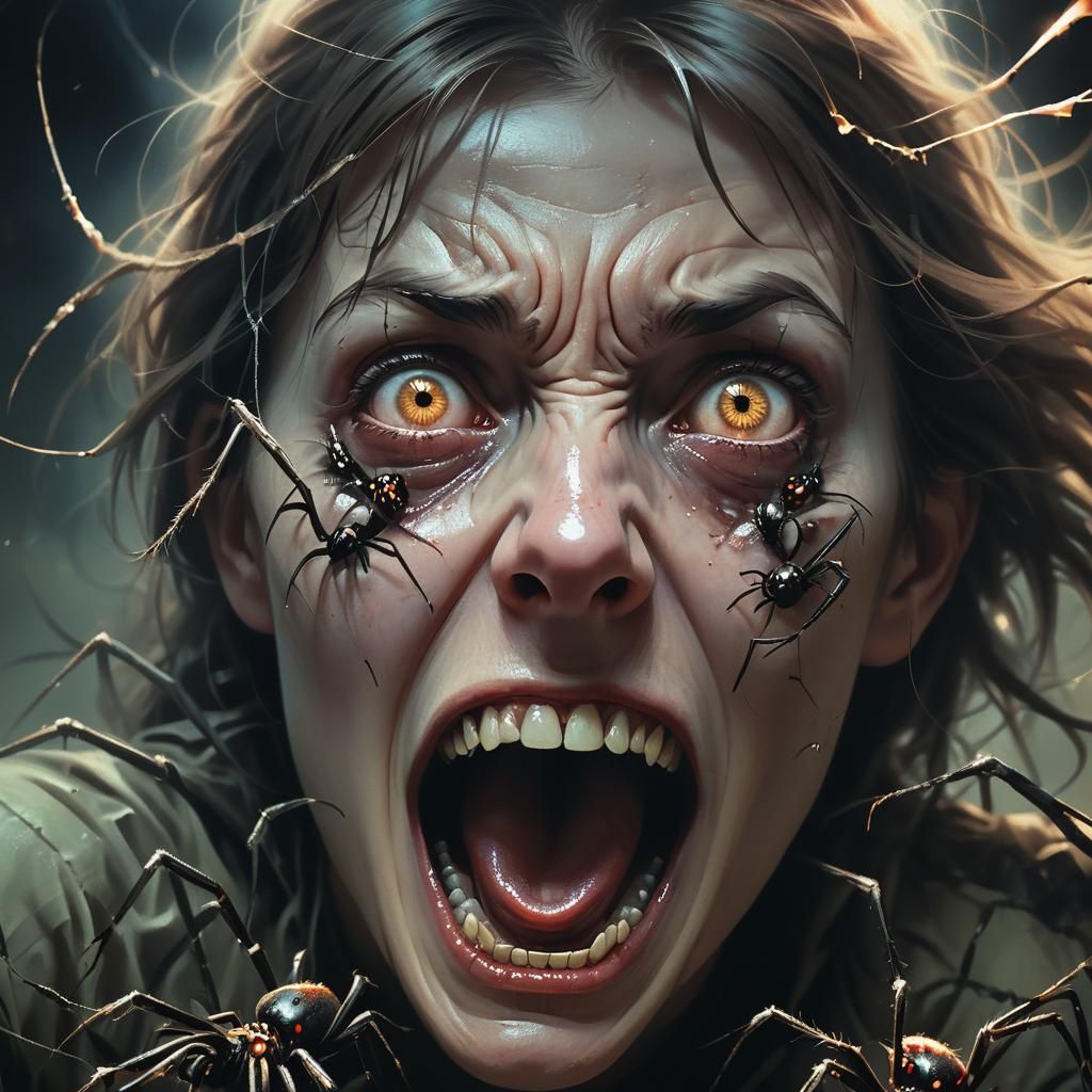 Surreal Horror: Woman and Spiders in Dark Portrait