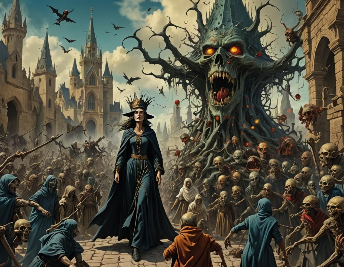 Witch Queen and Zombie Temple: A Surreal Artwork