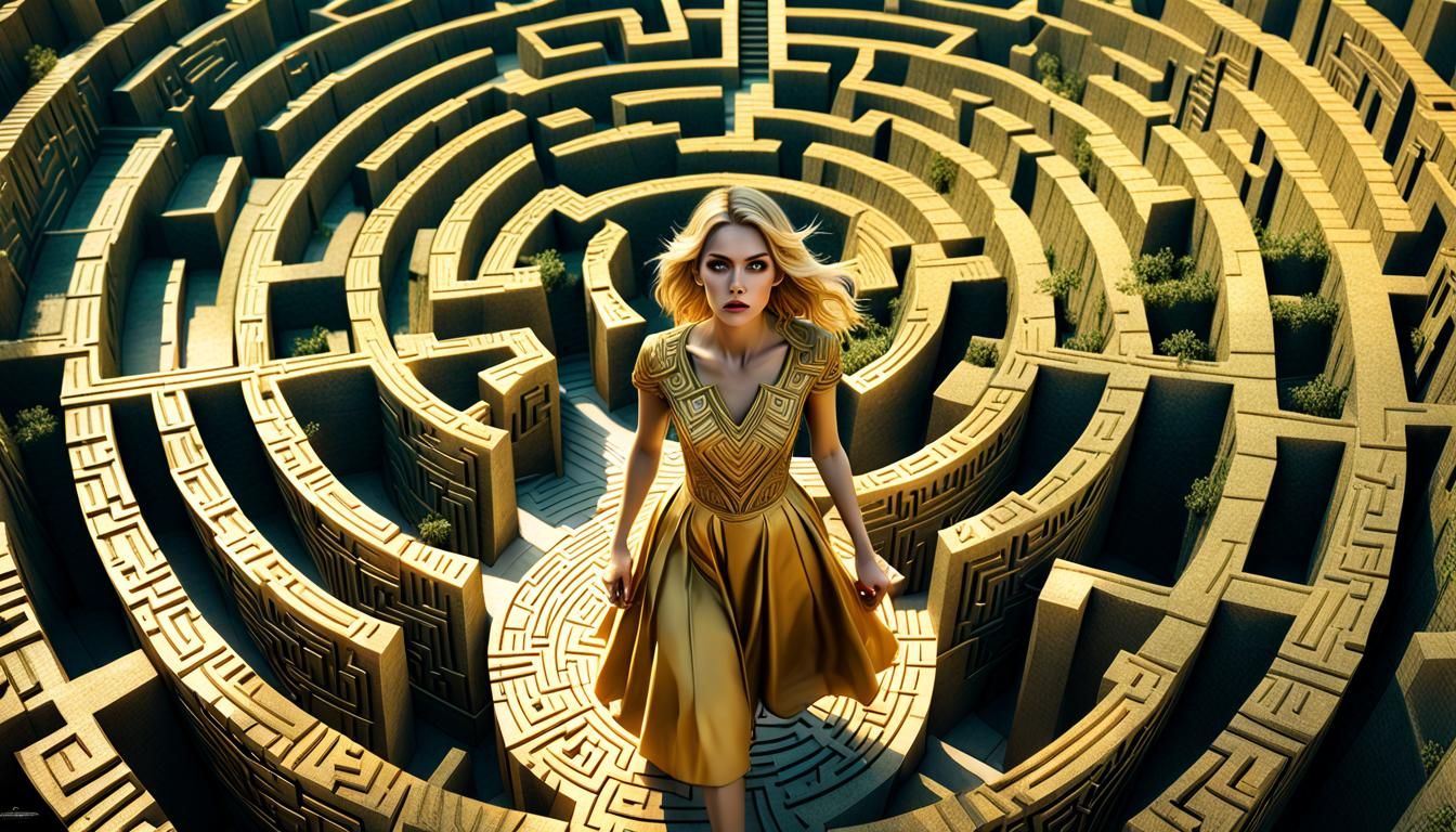 Blonde Girl in Gold Dress Navigating a Giant Maze