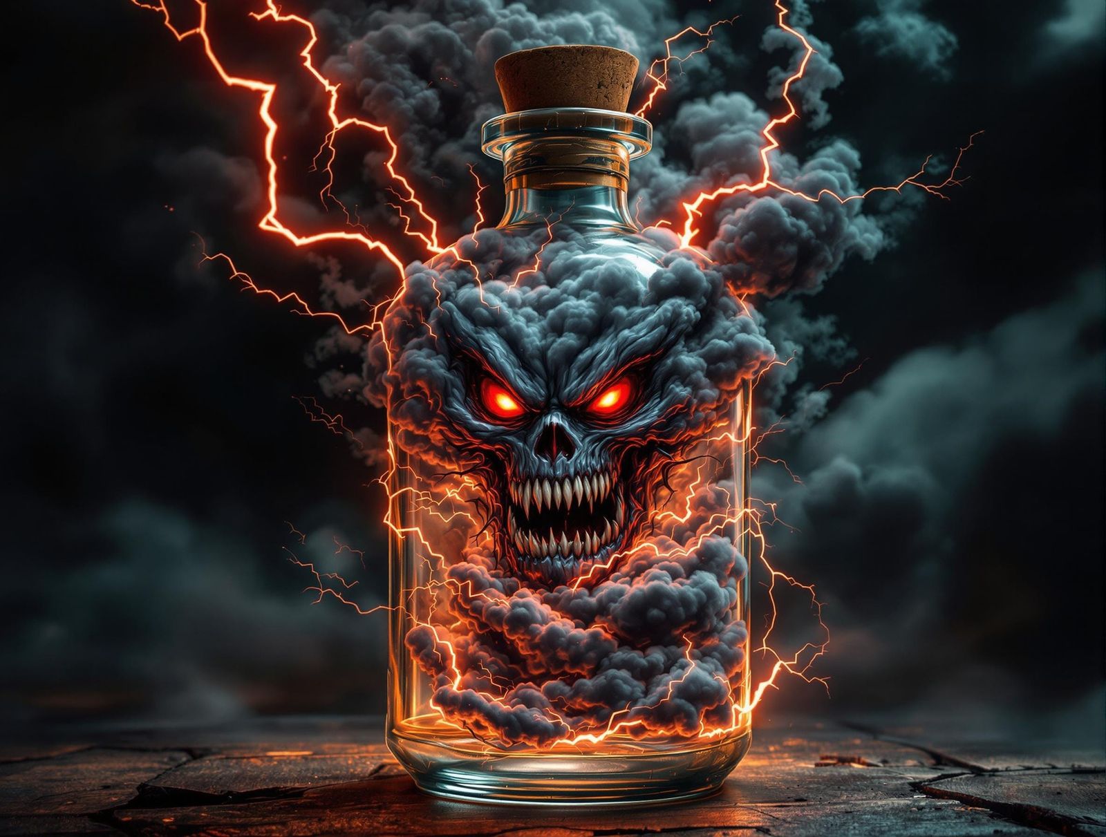 Hyperrealistic Storm Entity in Antique Glass Bottle