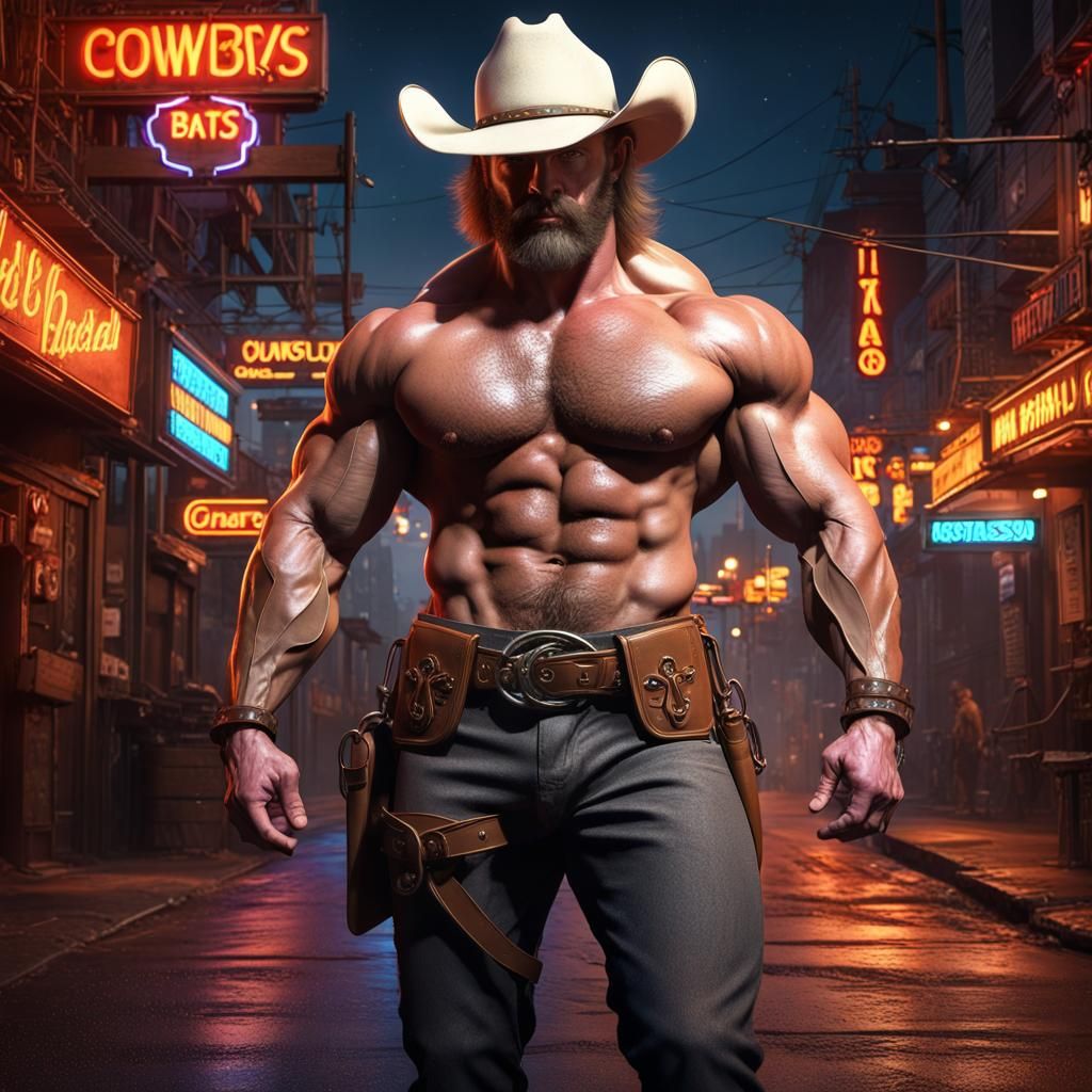 Muscular Cowboy Bodybuilder in Neon Lit Bar