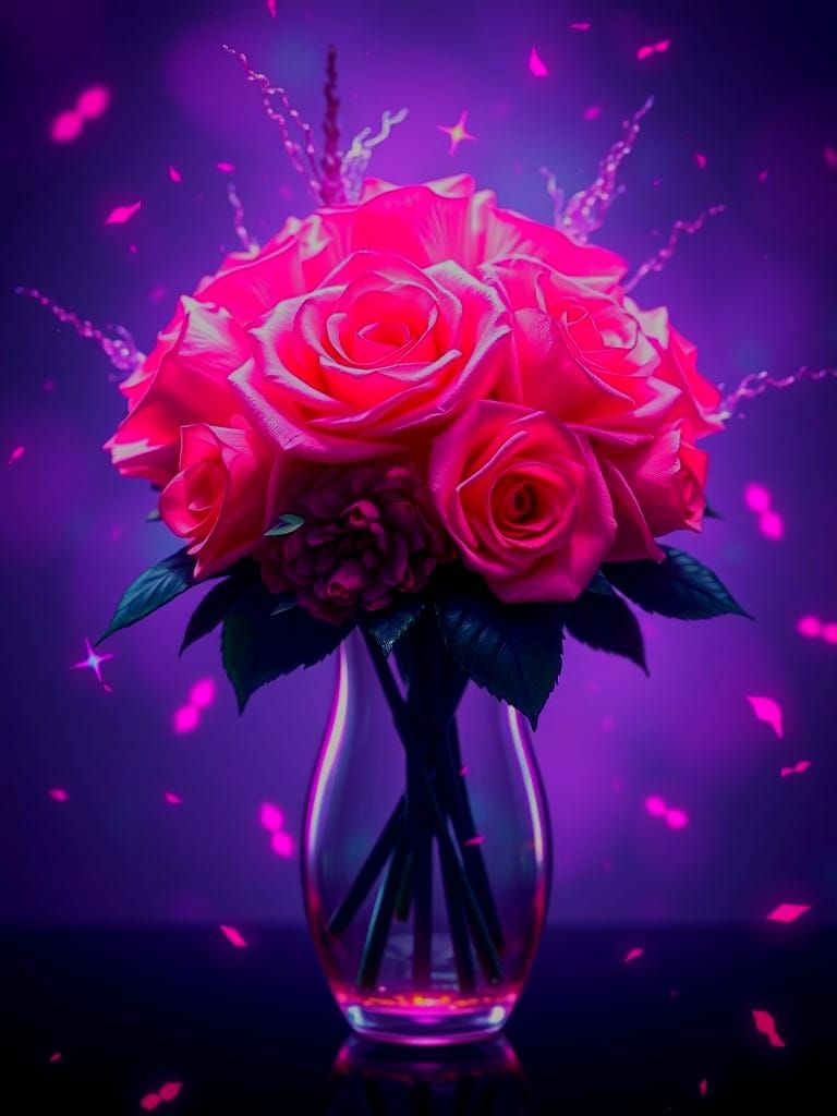 Surreal Holographic Roses in a Glitchy Vaporwave Vase