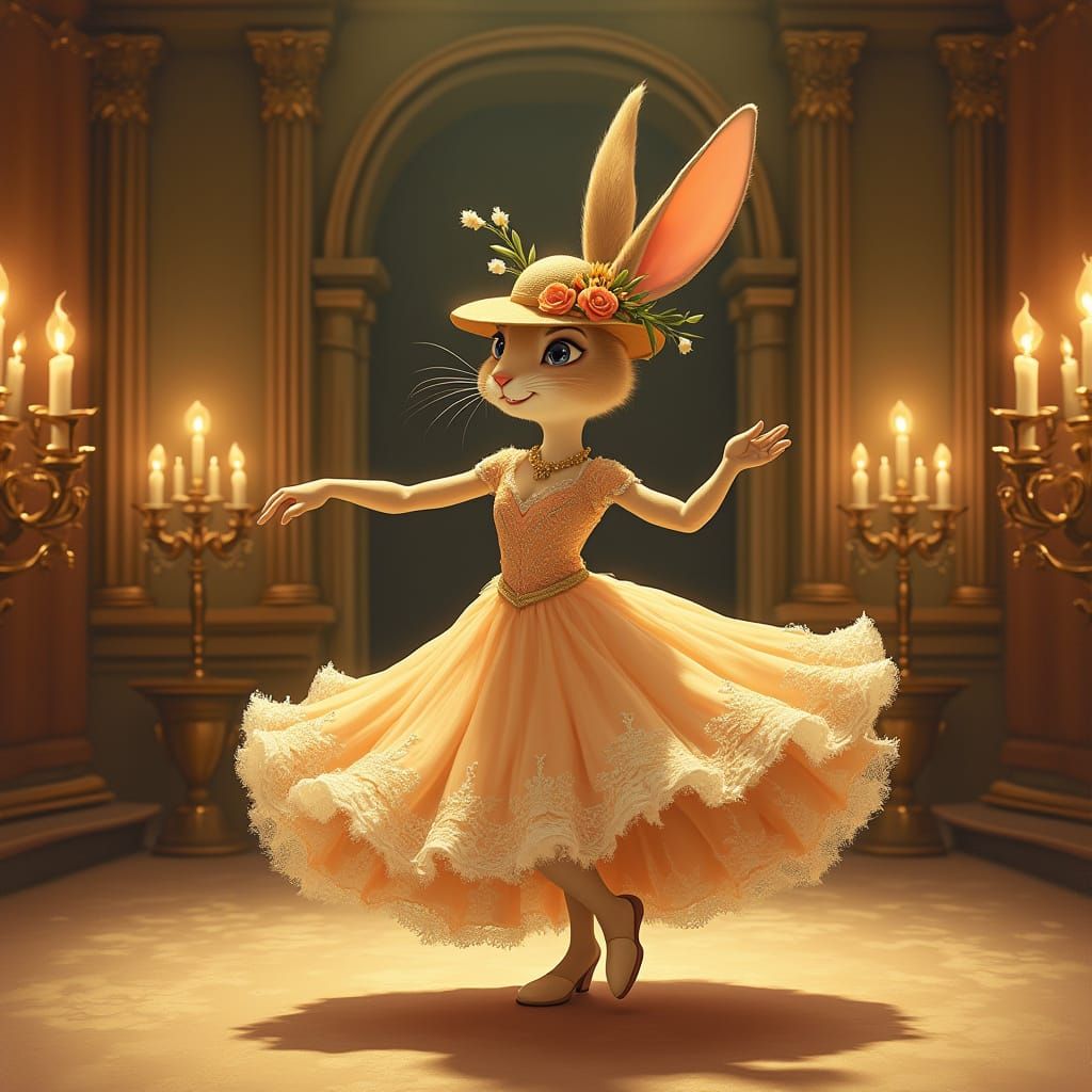 Elegant Cartoon Rabbit Dances in Grand Theatre
