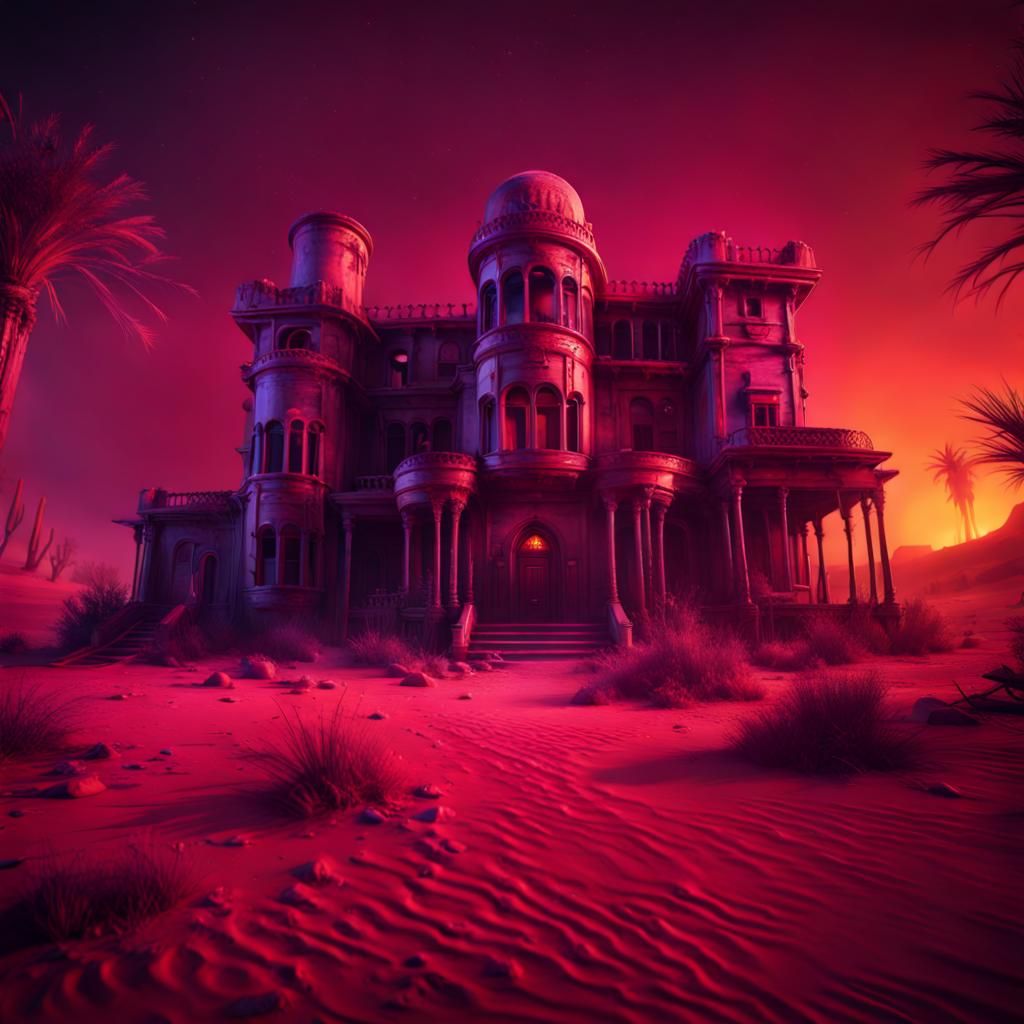 Haunted Desert Castle in Retro-Futuristic Style