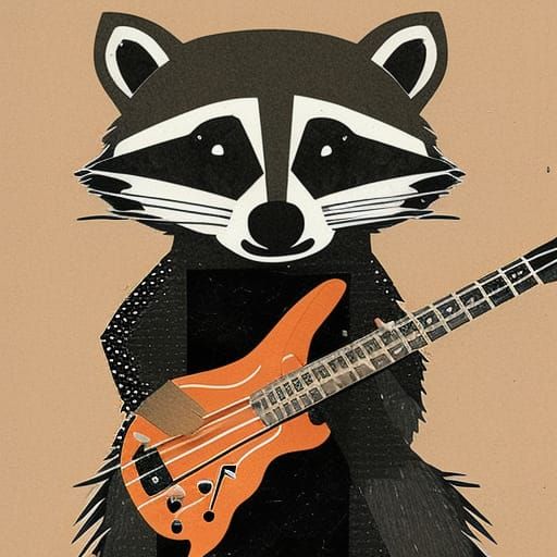 Raccoon Bassist in Cut Paper Collage Style