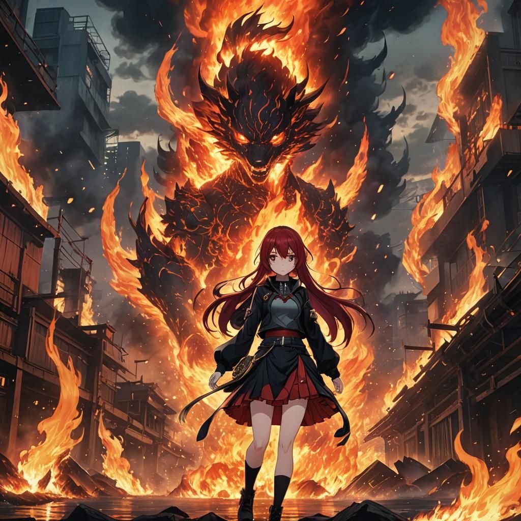Anime Girl Amidst Fire in Japanese Style