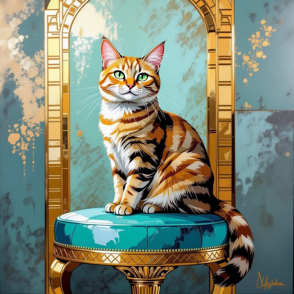 Proud Cat in Art Deco Ink Painting Style
