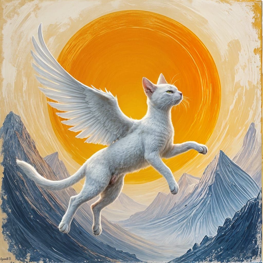 Winged Cat Soaring Through Sunset Mountainscape