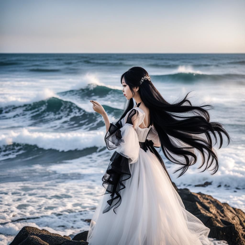 Gothic Japanese Woman Gazing at Ocean Waves