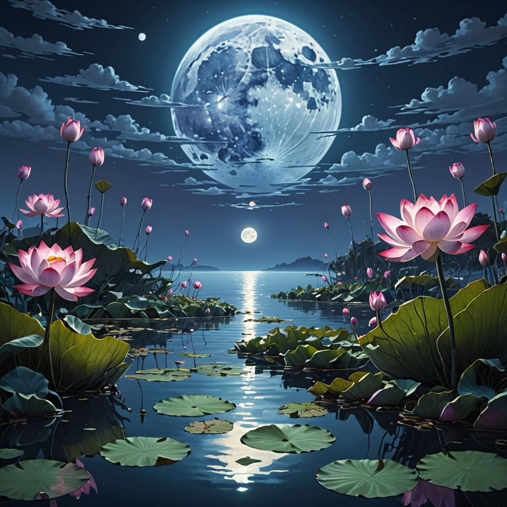 Moonlit Lotus Plants in Hyperrealistic Digital Art