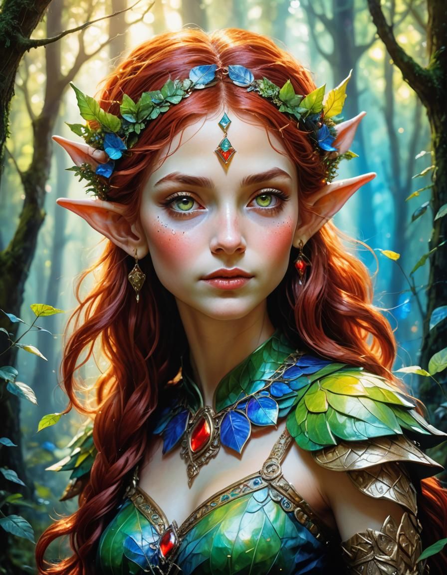 Exquisite Woodland Elf Maiden Illuminated in Radiant Twiligh...