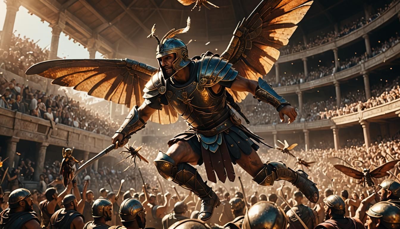 Gladiator on Giant Dragonfly in Arena, 3D Render