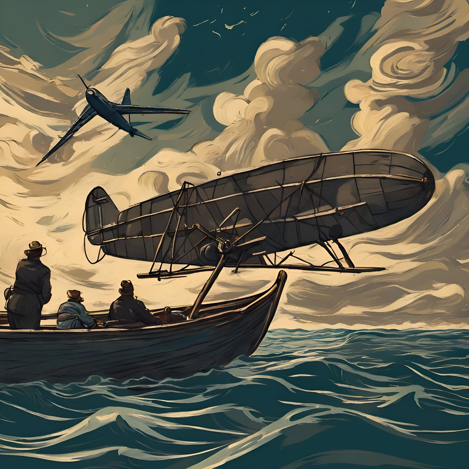People on Boat See Airplane, Van Gogh Style