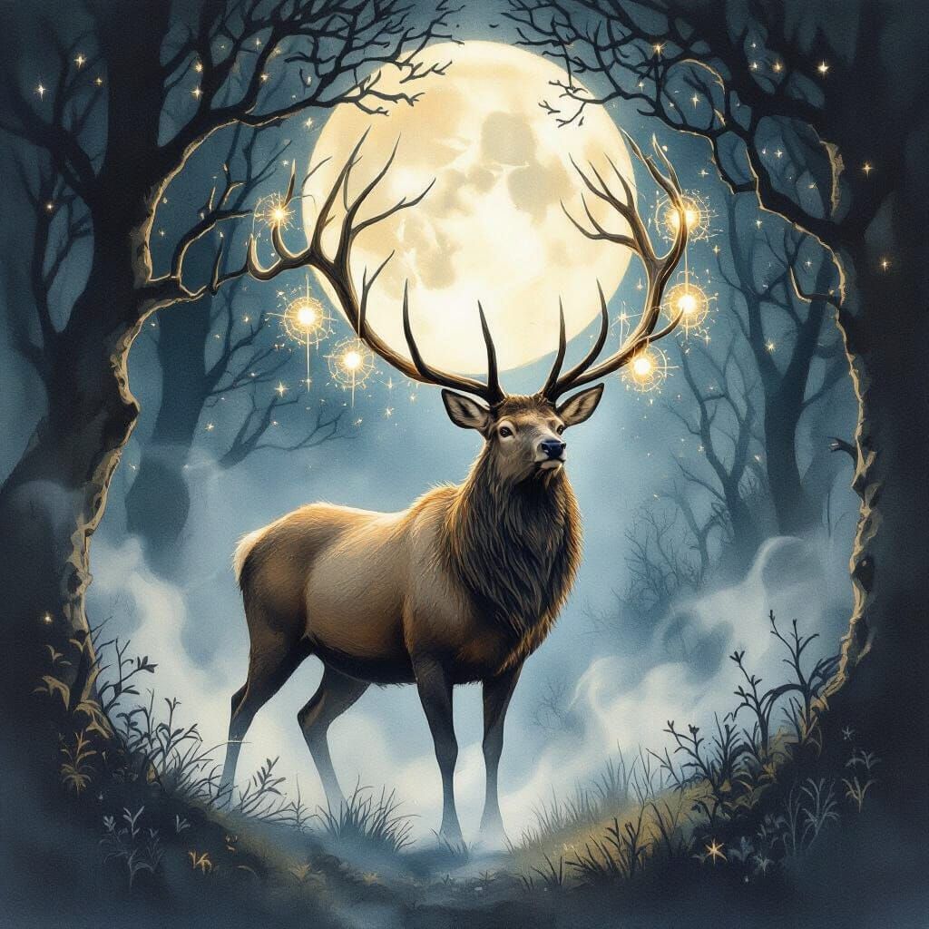 Celestial Stag in Moonlit Forest as Watercolor