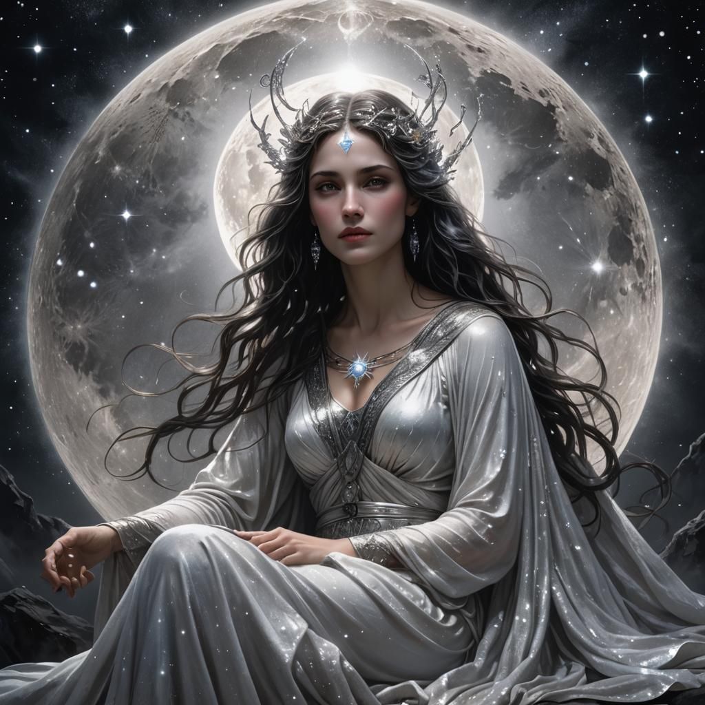 Goddess Selene in Starry Night, Fantasy Concept Art