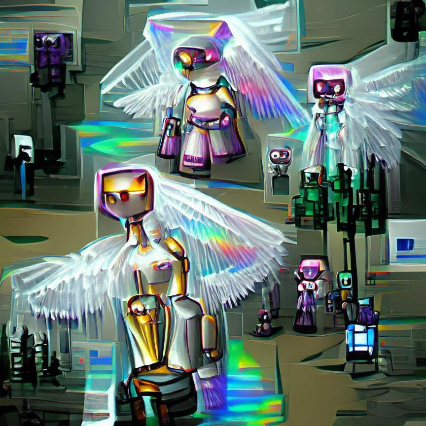 ANGEL ROBOTS IN THE METAVERSE pixel art iridescent concept art