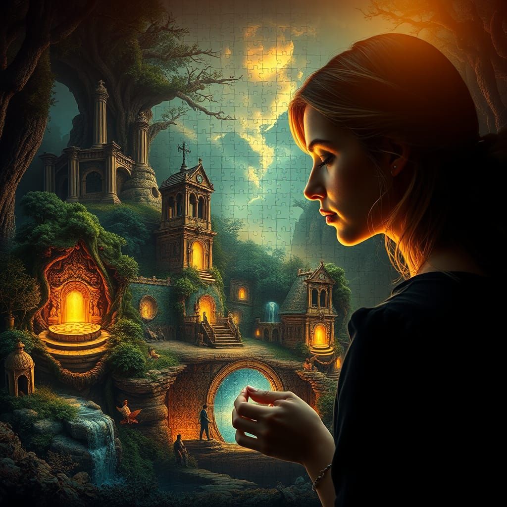 Mystical Puzzle Assembly in Dreamlike Realm