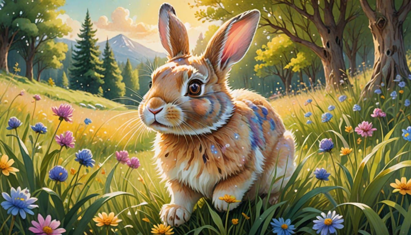 Cute Bunny Girl in Whimsical Watercolor Meadow