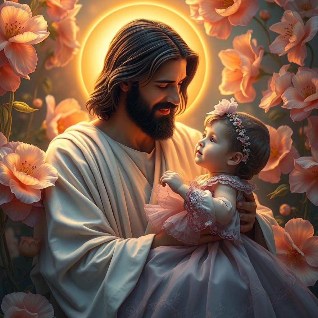 Jesus and Baby Girl in Serene, Golden Light with Vibrant Blo...