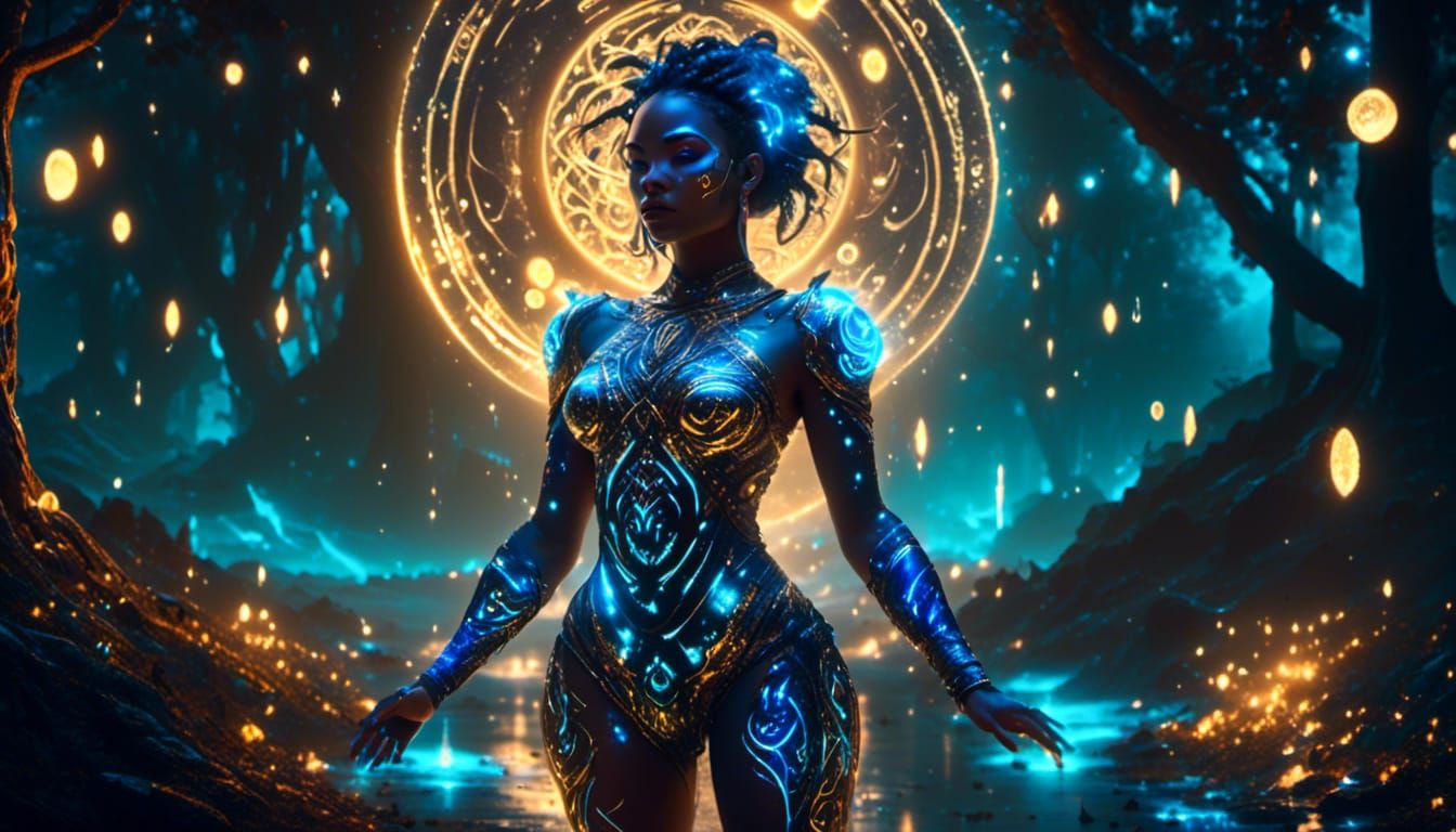Cosmic Lady Entity in Luminous Forest, Unreal Engine Art