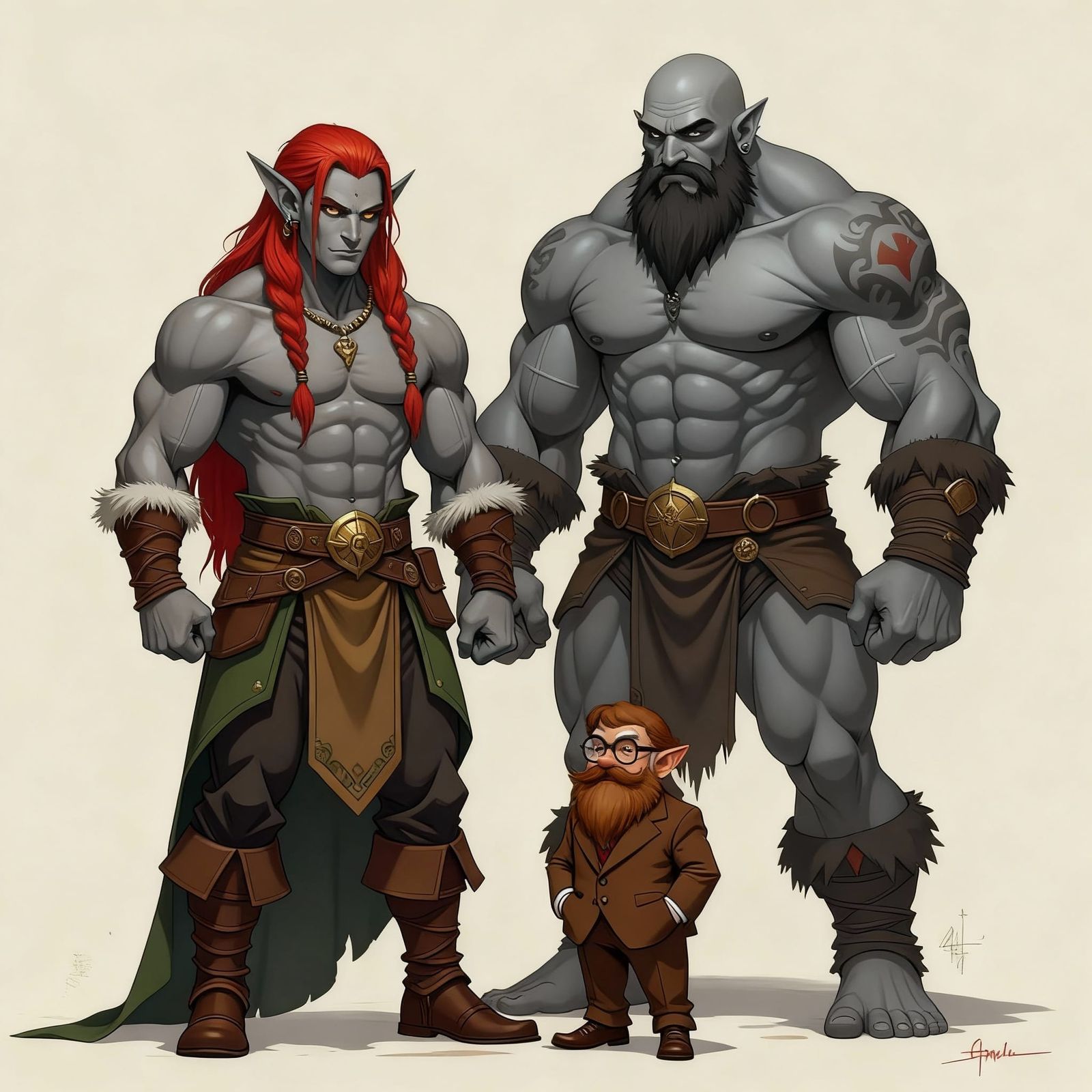 Muscular Drow Elf, Goliath, and Gnome in Detailed Concept Ar...