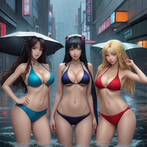 Anime-Style: Three Women in Bikinis in Rainy City