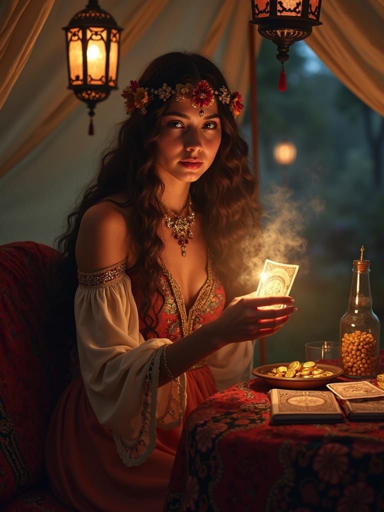 Magical Fortune Teller Reveals Tarot Card in Tent