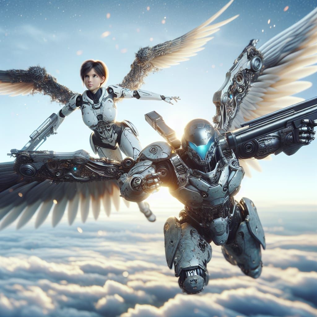 Armored Robot and Heroine Soaring with Futuristic Weapon