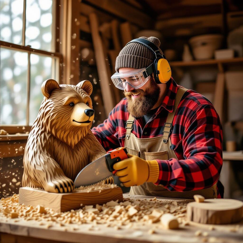 Sculptor Carving Wooden Bear Statue in Rustic Style