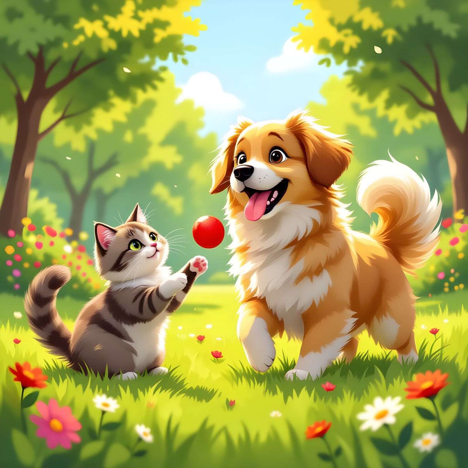 Golden Retriever and Siamese Cat Playing Fetch in Sunny Park