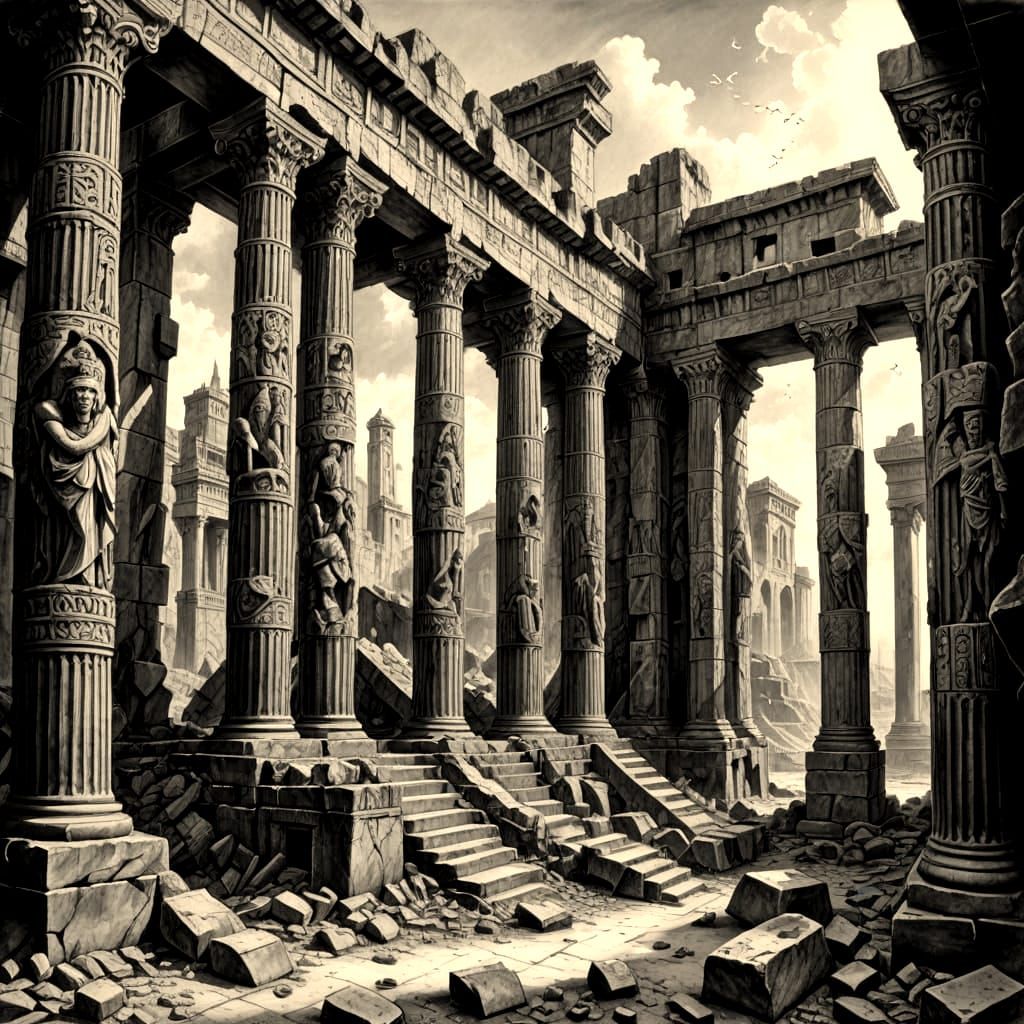 Devastated Ruins of Atlantis in Charcoal Drawing Style