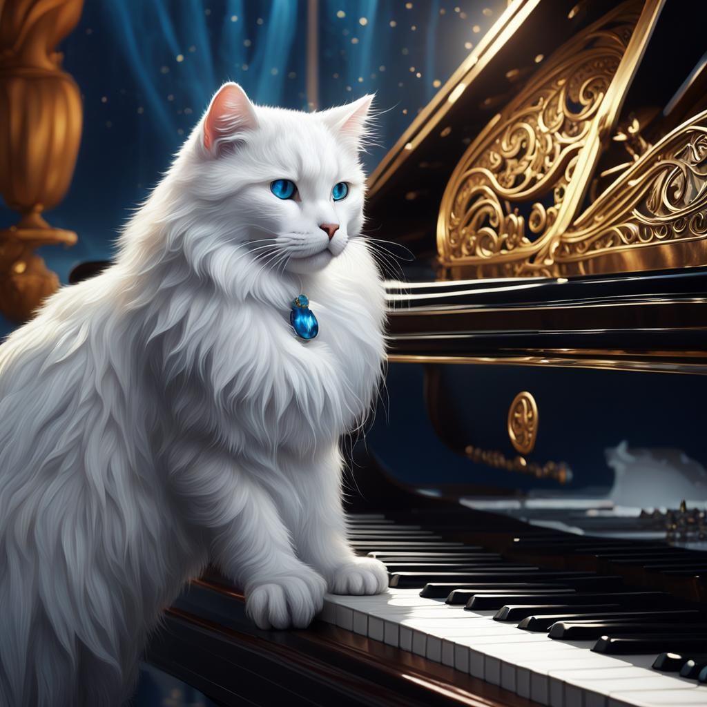 White Cat on Piano in Matte Painting Style