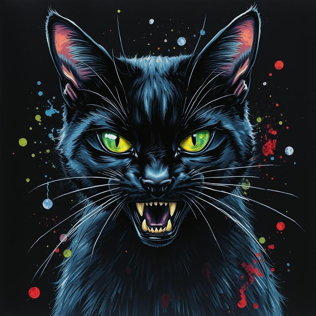 Sinister Black Cat Ink and Watercolor Art