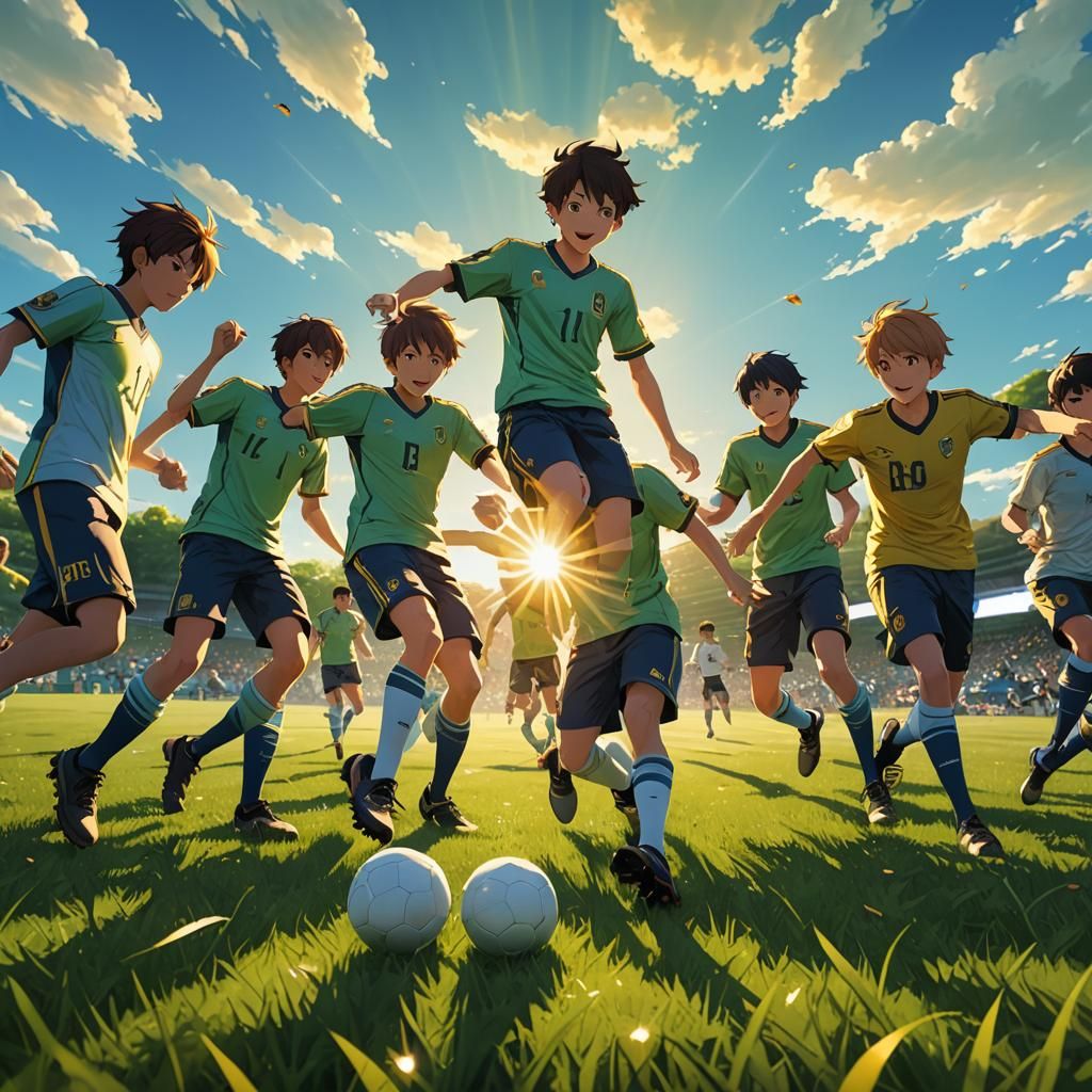 Young Football Players in Action: Vibrant 3D Anime Art