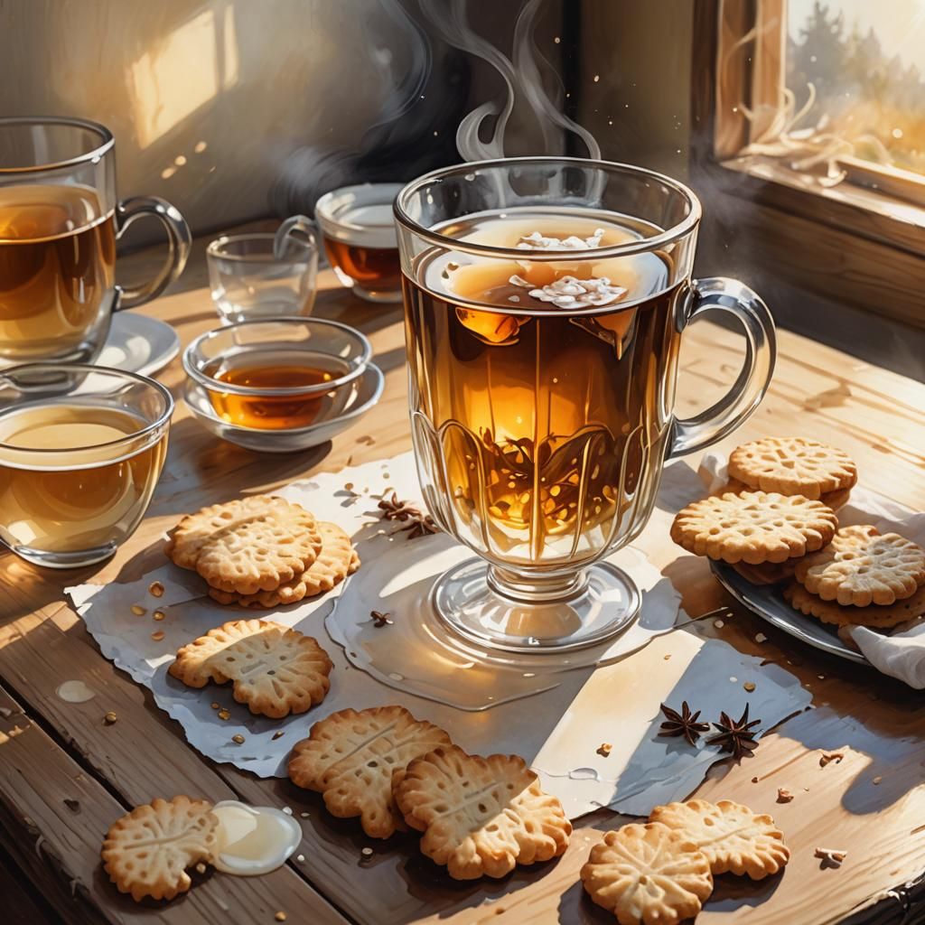 Tea Cup with Biscotti in Watercolor Style