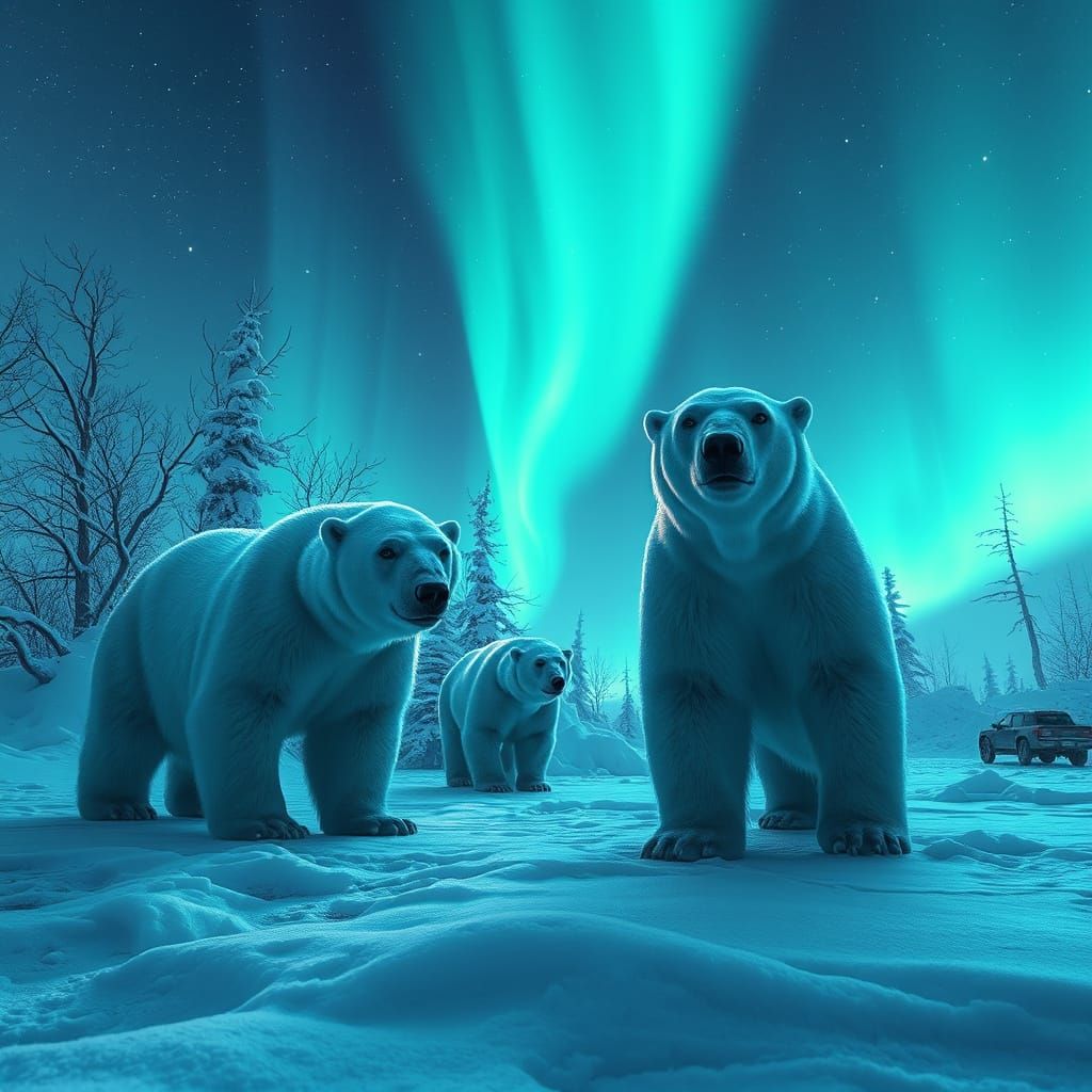 Polar Bears Under Neon Northern Lights