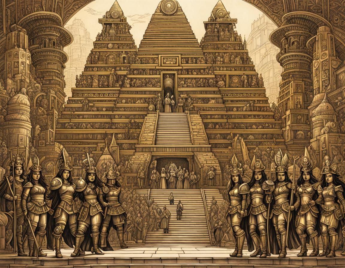 Steampunk Gorgeous gold armored intense athletic native female warriors defend a hyper-realistic steampunk Aztec pyramid...