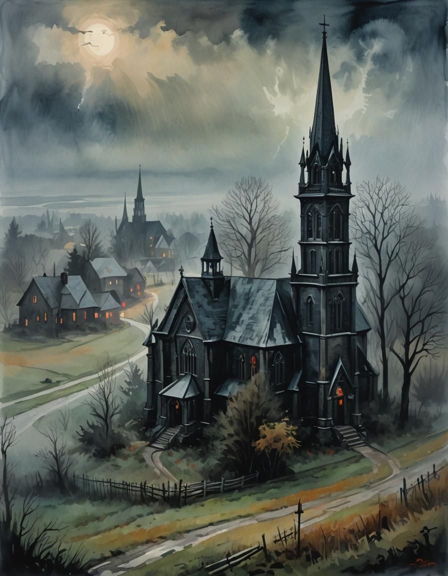 Eerie Gothic Church in Fog, Gouache Watercolor Style