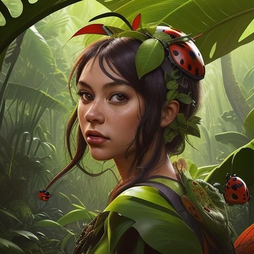 Ladybug girl in jungle landscape