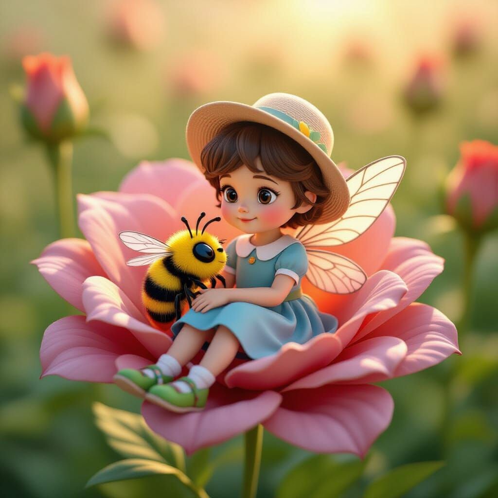 Fairy Boy and Bee in Rose, Pixar Style