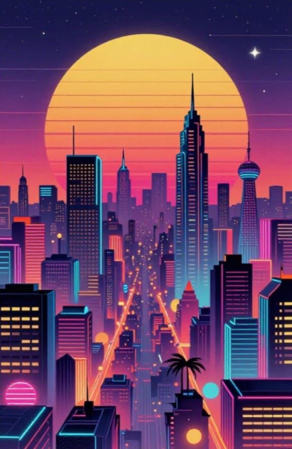 Psychedelic Synthwave Cityscape Poster
