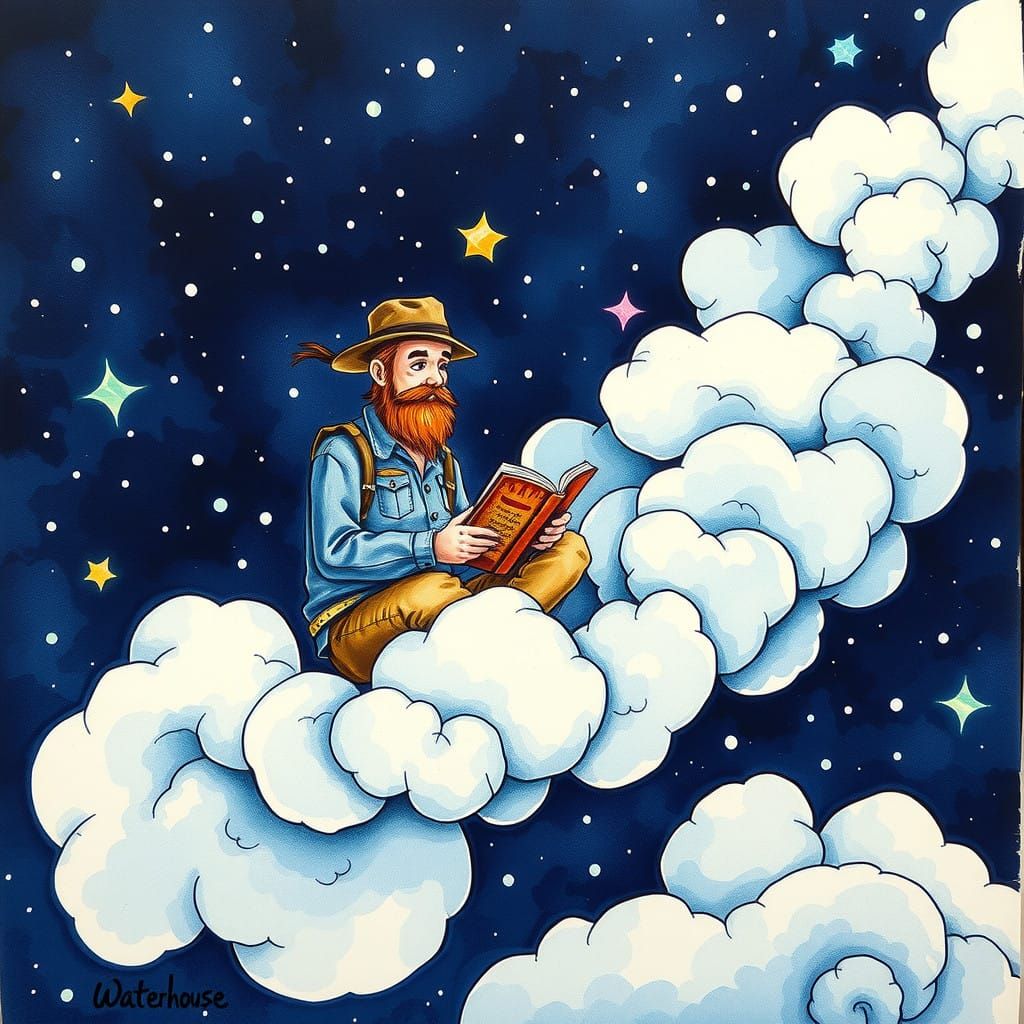 Man in Wonderland Reads Book on a 3D Cloud