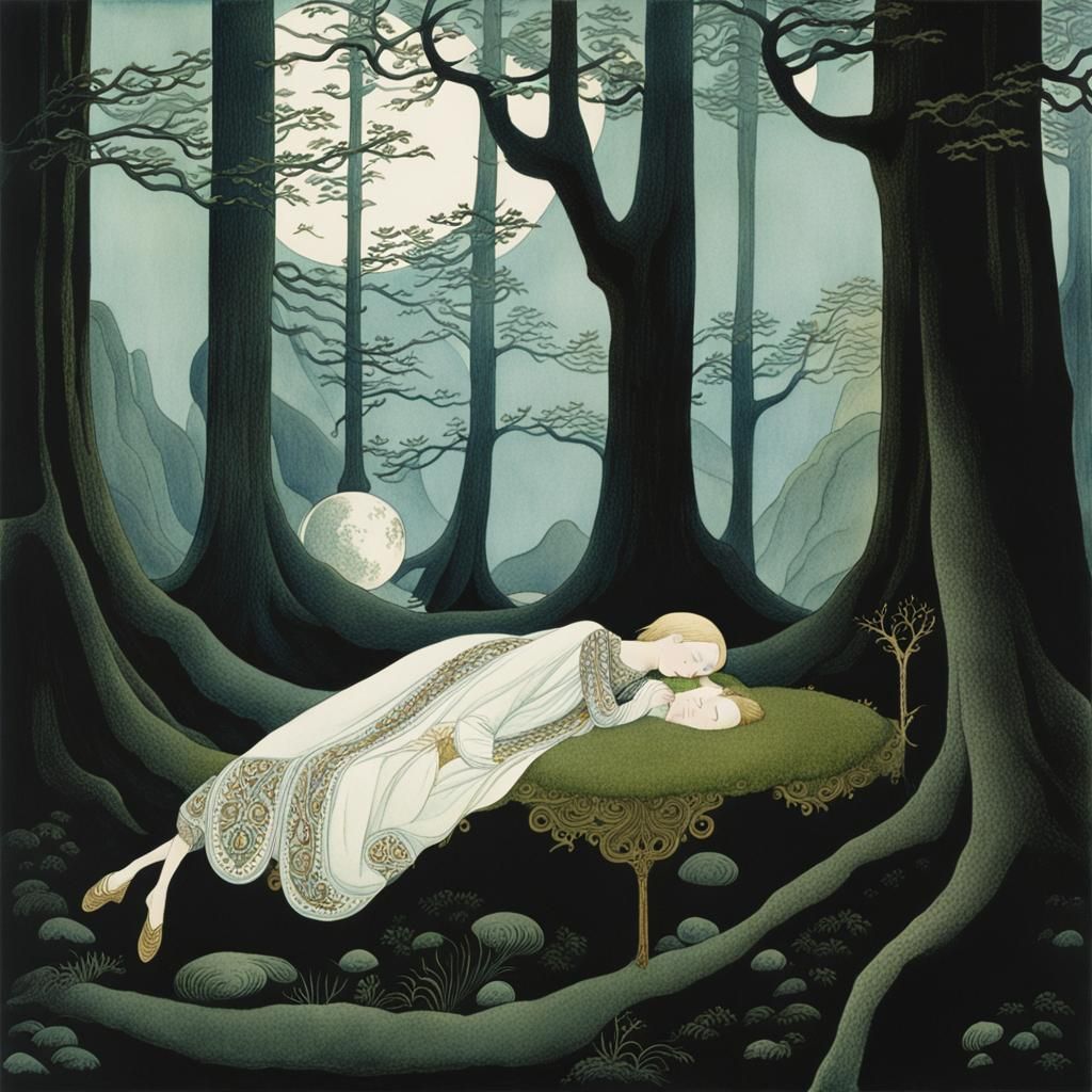 Woman in Gloomy Woods: Lithograph in Kay Nielsen Style