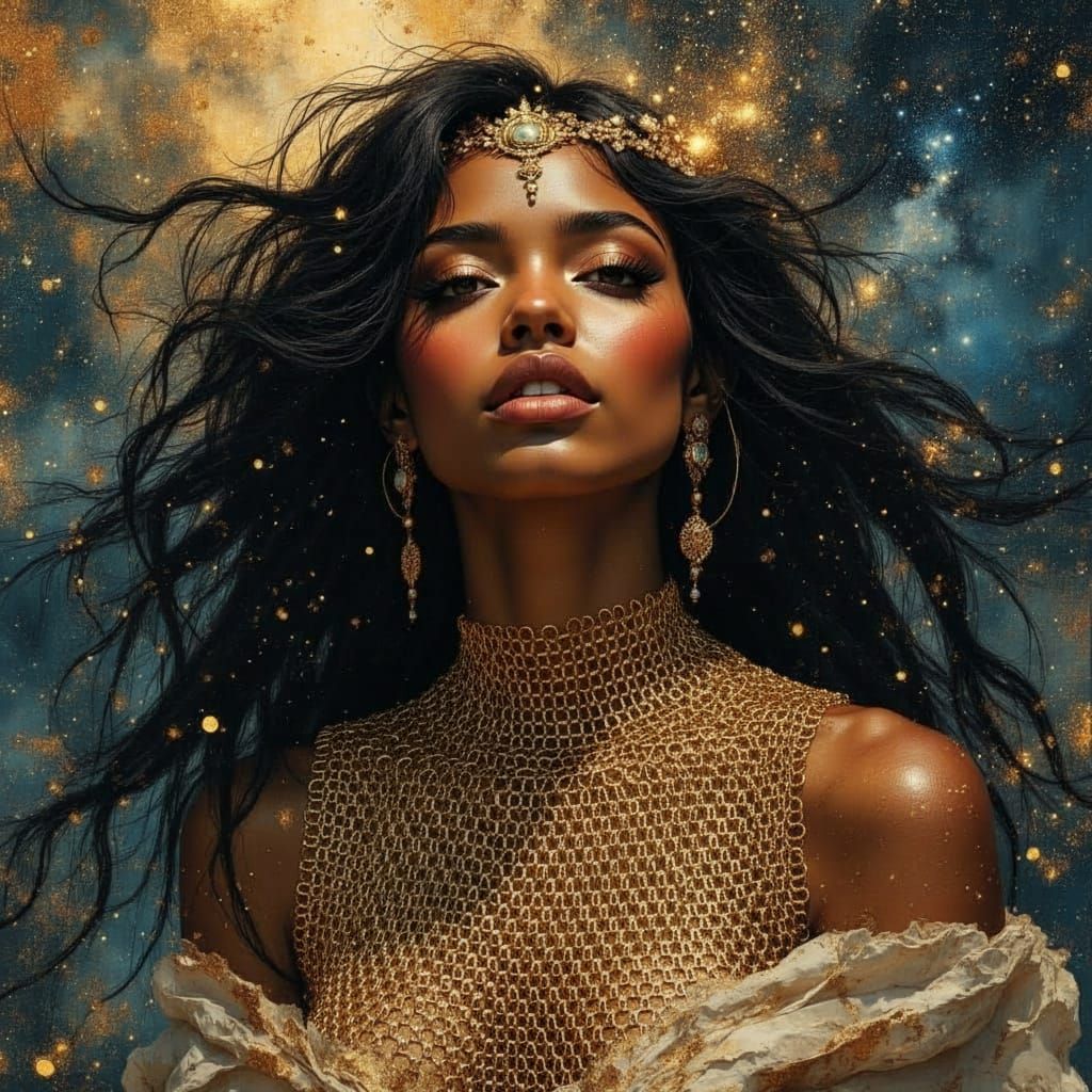 Celestial Black Woman in Cosmic Oil Painting Style