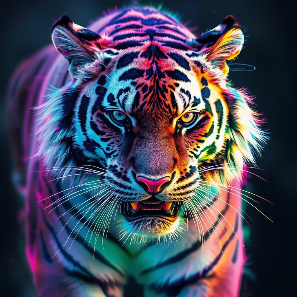 Tiger in Neon Holographic Vaporwave Art